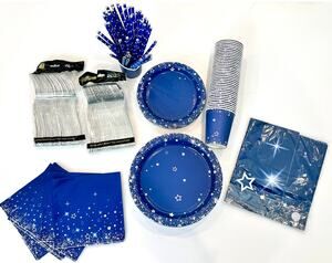 Navy Blue & Silver Starry Night Disposable Party Tableware Set